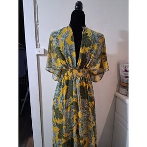Olivaceous Womens Tropical Leaf Print Maxi Dress Yellow Green V-Neck Smocked M
